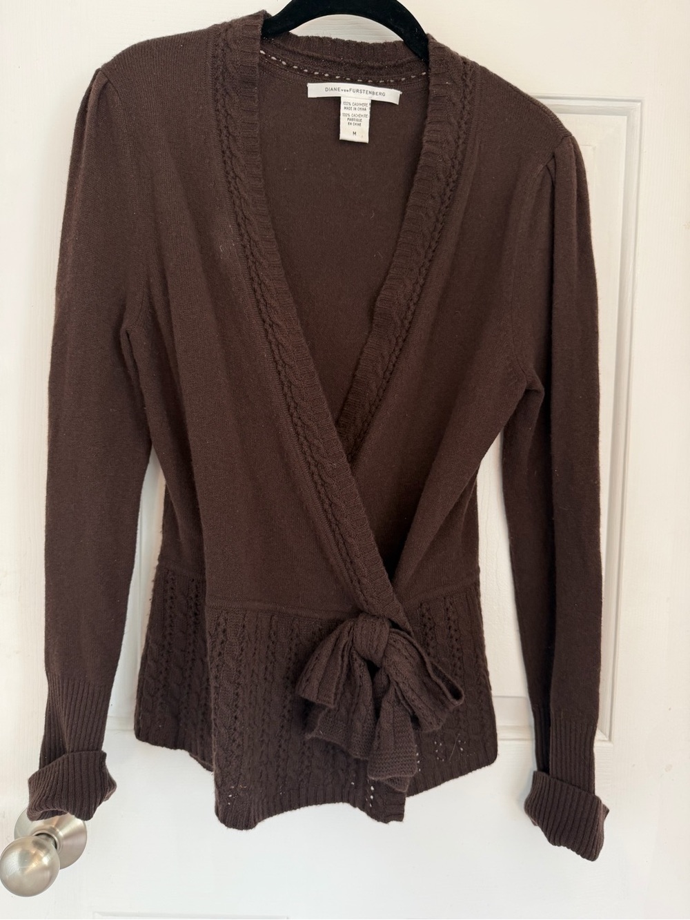 Diane von Furstenberg DVF 100% Cashmere Brown Tie Front Cardigan Sweater M